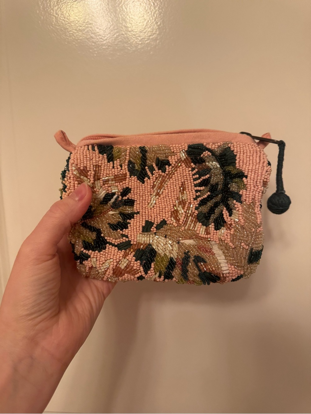 Anthropologie Hand-Beaded Pink Floral Wristlet Pouch or Makeup Bag